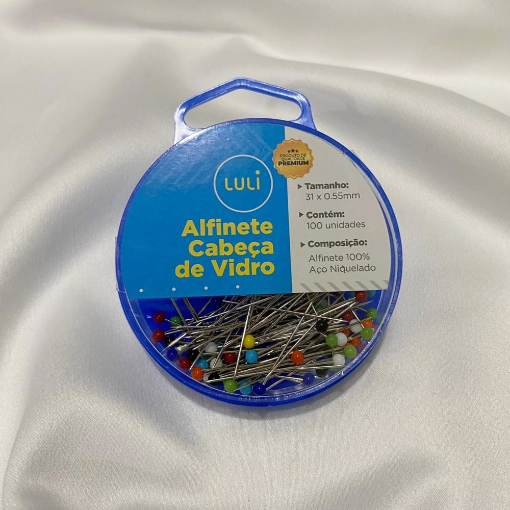 Alfinete Cabeça de Vidro Colorido Aço Niquelado com 100un