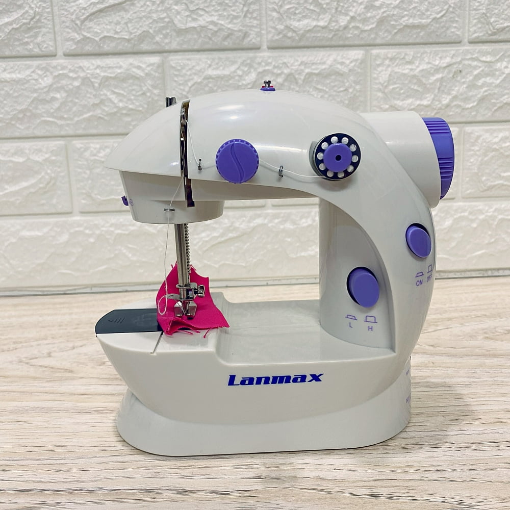 Mini Maquina de Costura Domestica Bivolt Lanmax Branco e Roxo