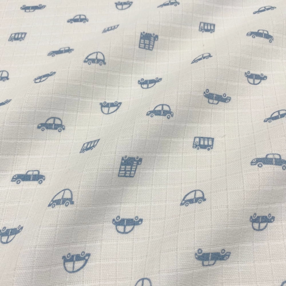 Tecido Fralda Mini Quadriculada Estampa Carrinhos Azul