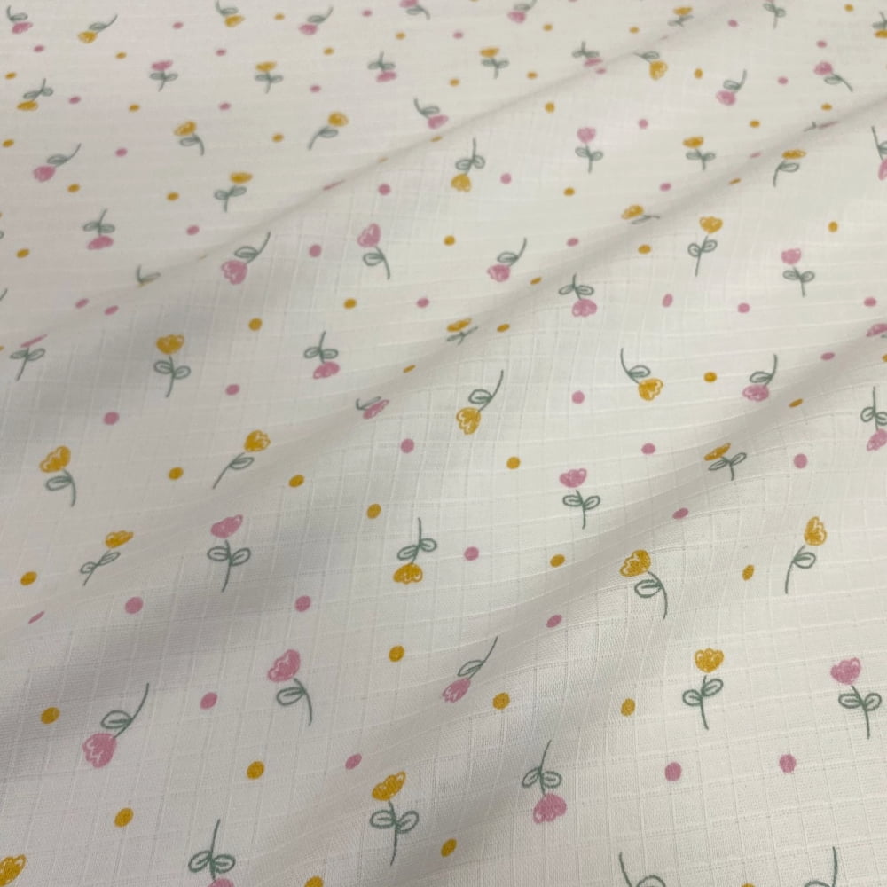 Tecido Fralda Mini Quadriculada Estampa Tulipas Rosa e Amarelo