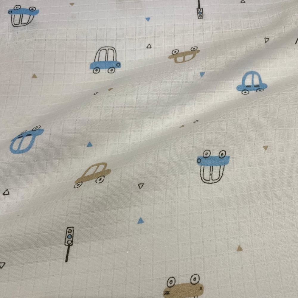 Tecido Fralda Mini Quadriculada Carrinhos Azul 