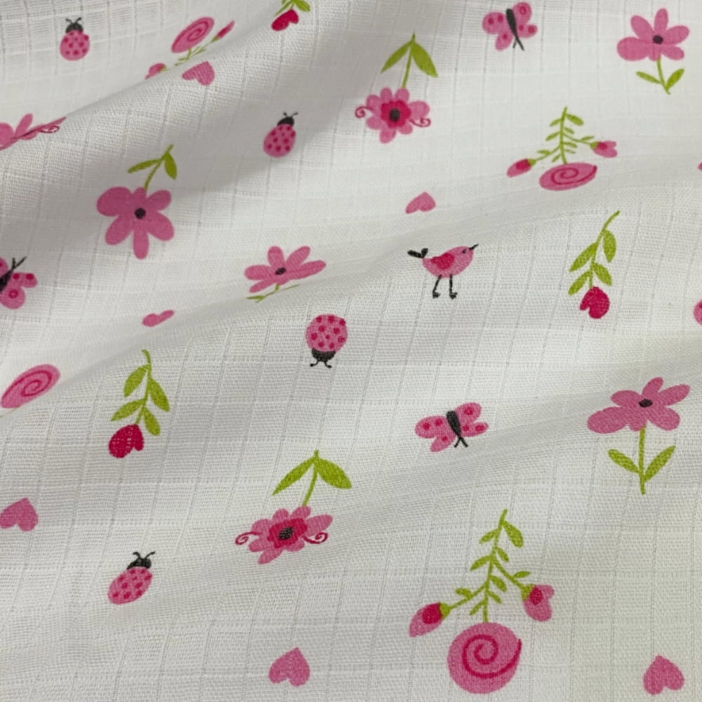 Tecido Fralda Mini Quadriculada Estampa Flores e Borboletas Rosa