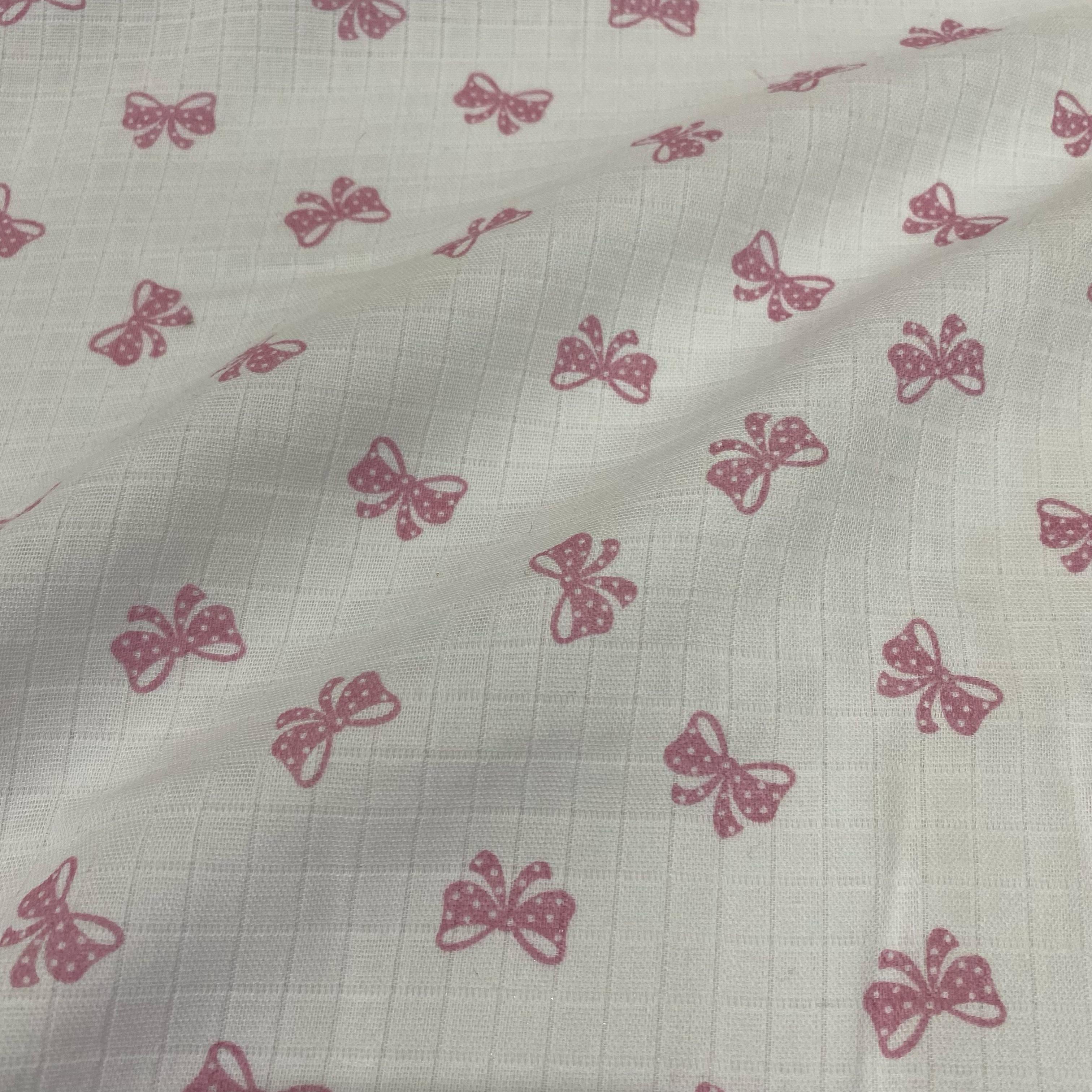 Tecido Fralda Mini Quadriculada Estampa Lacinhos Rosa