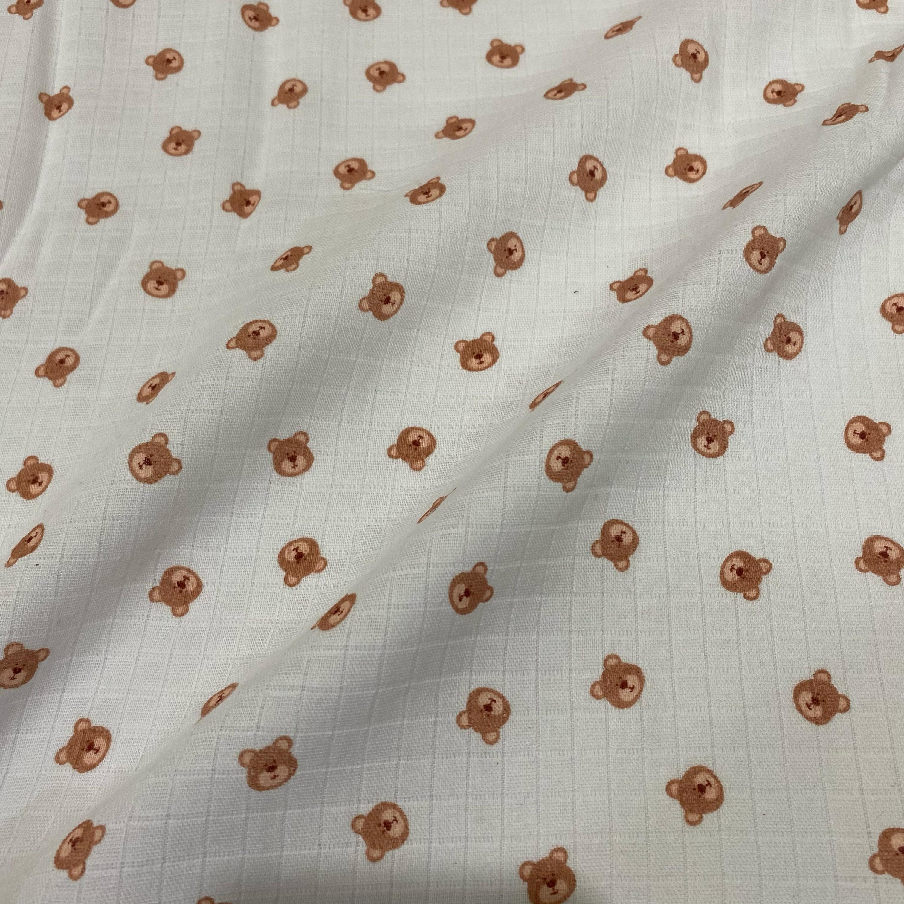 Tecido Fralda Mini Quadriculada Estampa Ursinho Ted