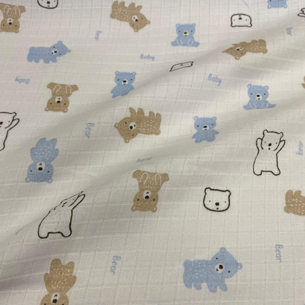Tecido Fralda Mini Quadriculada Estampa Ursinhos Coloridos Azul 