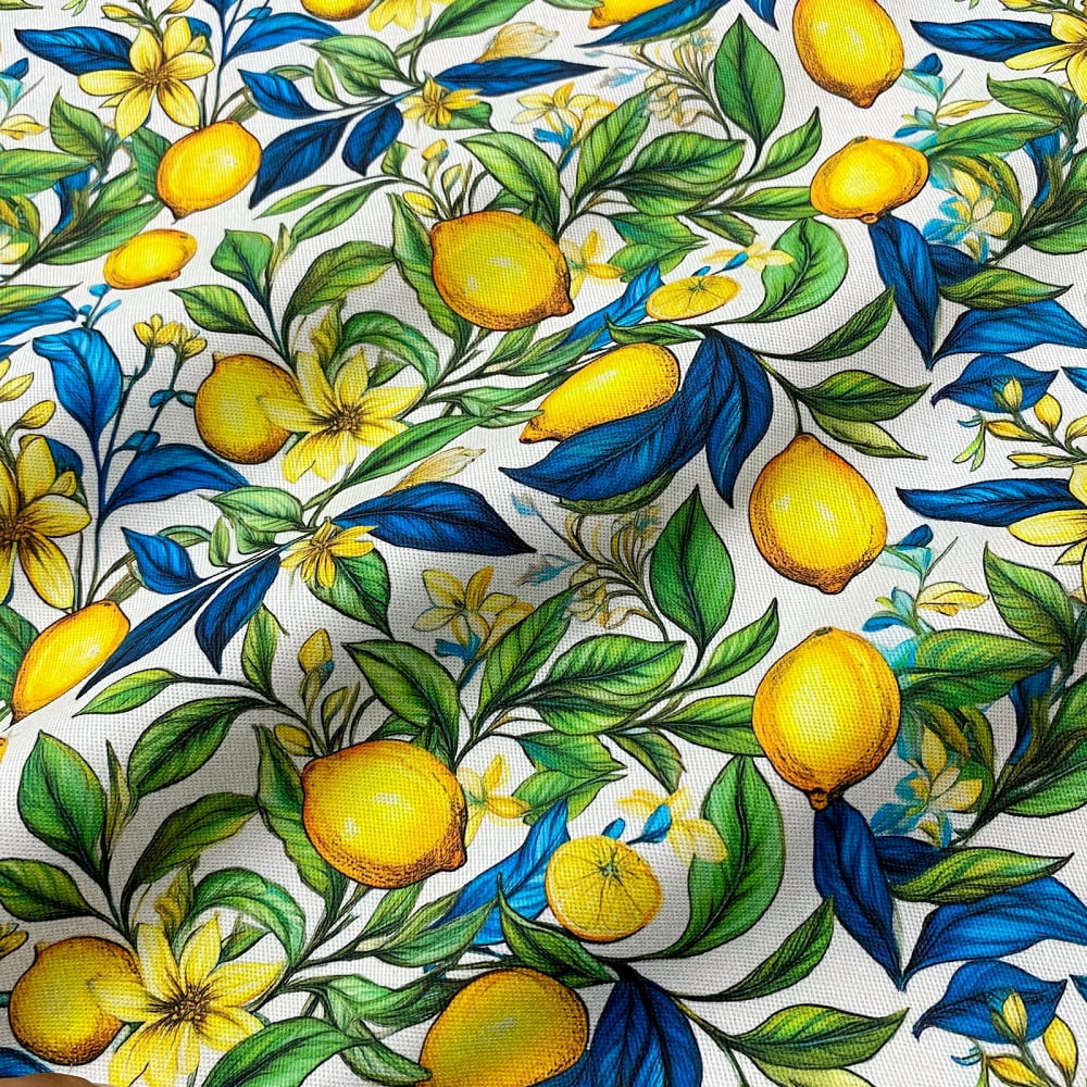 Tecido Acquadecor Sarja Impermeável Flores Limão Siciliano Verde Azul