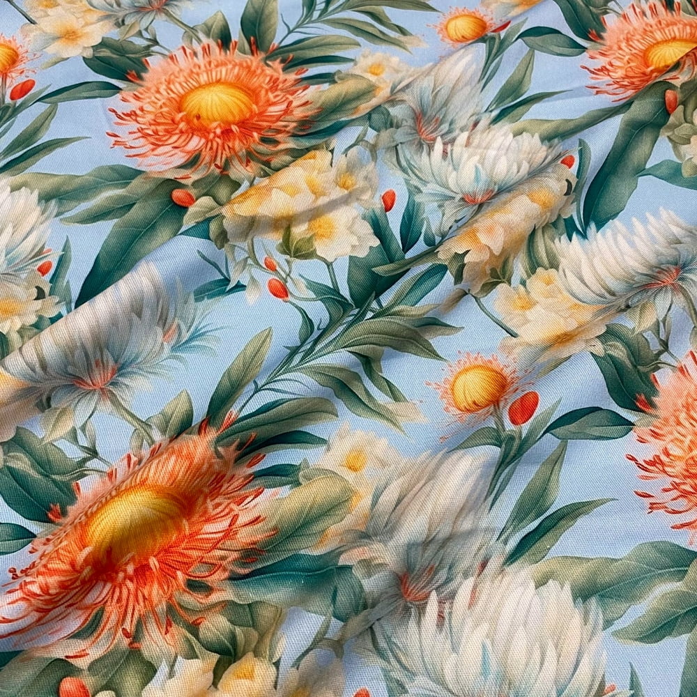 Tecido Sarja Impermeável Floral Tropical Laranja e Branco Fundo Azul 