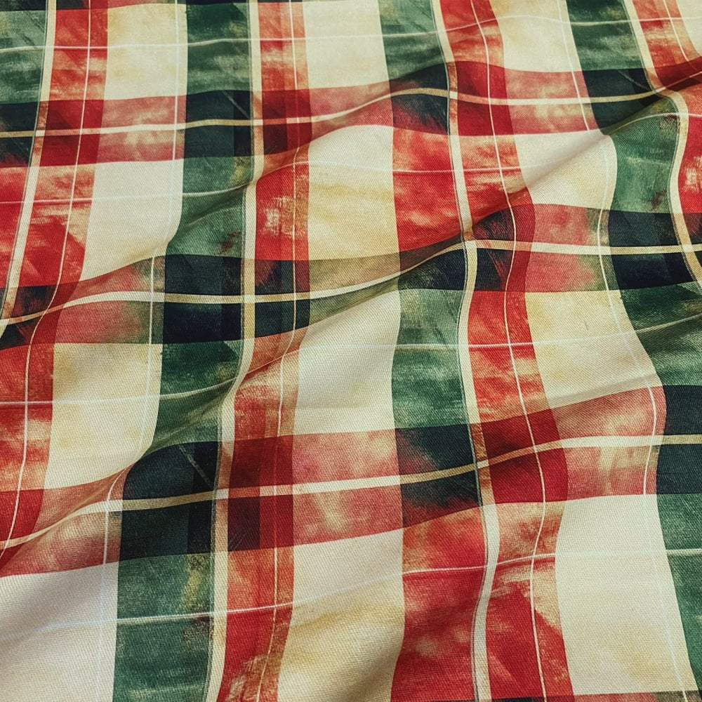 Tecido Sarja Impermeável Natal Xadrez Grande Aquarela Verde Vermelho