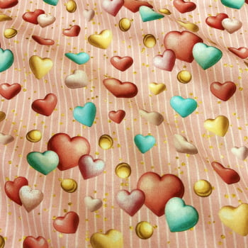 Tecido Tricoline Digital Corações Coloridos e Listras Fundo Rose (Amor de Cupcakes)   