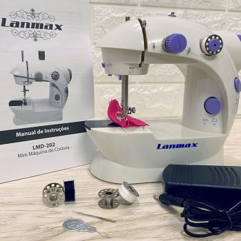 Mini Maquina de Costura Domestica Bivolt Lanmax Branco e Roxo