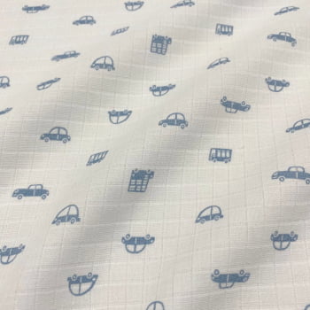 Tecido Fralda Mini Quadriculada Estampa Carrinhos Azul
