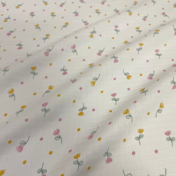 Tecido Fralda Mini Quadriculada Estampa Tulipas Rosa e Amarelo
