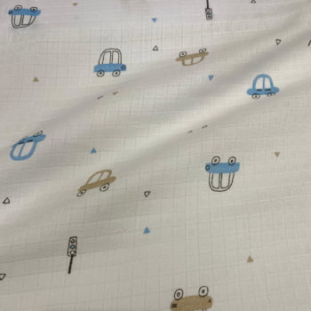 Tecido Fralda Mini Quadriculada Carrinhos Azul 
