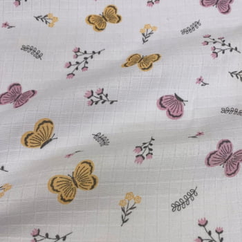 Tecido Fralda Mini Quadriculada Estampa  Borboletas Coloridas