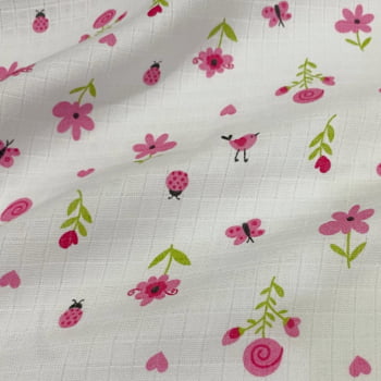 Tecido Fralda Mini Quadriculada Estampa Flores e Borboletas Rosa