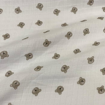 Tecido Fralda Mini Quadriculada Estampa Ursinho Ted Cinza