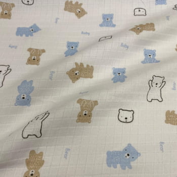 Tecido Fralda Mini Quadriculada Estampa Ursinhos Coloridos Azul 