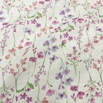 Tecido Fralda Quadriculada Estampa Digital Floral Delicado e Borboletas Rosa e Lilas