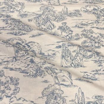 Tecido Linho Toile de Jouy Azul