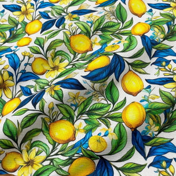 Tecido Acquadecor Sarja Impermeável Flores Limão Siciliano Verde Azul
