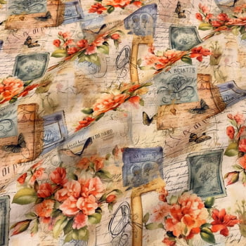 Tecido Sarja Impermeável  Cartas Florais Vintage