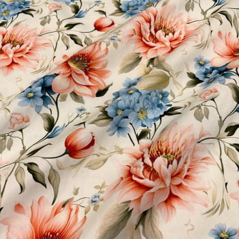 Tecido Sarja Impermeável Flores Rose e Azul Fundo Off