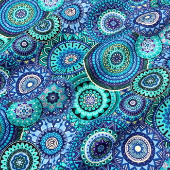 Tecido Tricoline Digital Mandalas Azul e Roxo