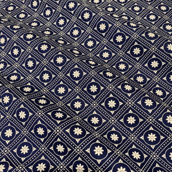 Tecido Tricoline Floral Calico Losangos Cru Fundo Azul Marinho