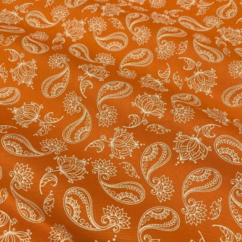 Tecido Tricoline Paisley Cashmere Cru Fundo Laranja Tecido Tricoline Paisley Cashmere Cru Fundo Laranja