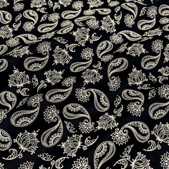 Tecido Tricoline Paisley Cashmere Cru Fundo Preto