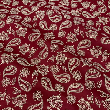 Tecido Tricoline Paisley Cashmere Cru Fundo Vermelho Vinho