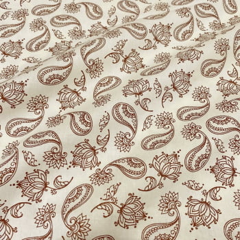 Tecido Tricoline Paisley Cashmere Marrom Fundo Cru