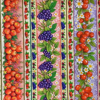 Tecido Tricoline Barrado Arranjo de Flores e Frutas