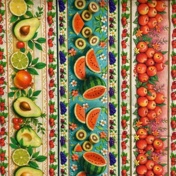Tecido Tricoline Barrado Arranjo de Flores e Frutas