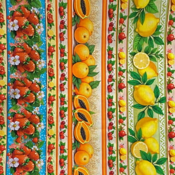 Tecido Tricoline Barrado Arranjo de Flores e Frutas