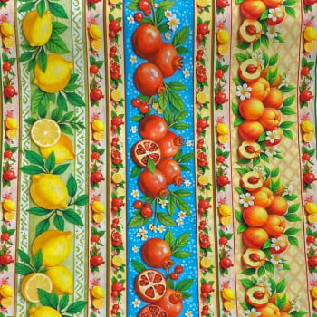 Tecido Tricoline Barrado Arranjo de Flores e Frutas