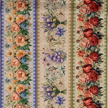 Tecido Tricoline Barrado Digital Arranjo de Flores Fundo Rendinha