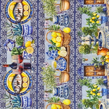 Tecido Tricoline Barrado Digital Azulejo Português e Limão Siciliano em Ambientes