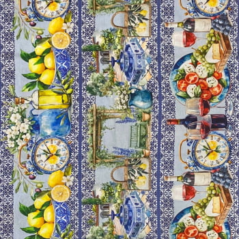 Tecido Tricoline Barrado Digital Azulejo Português e Limão Siciliano em Ambientes