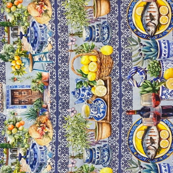 Tecido Tricoline Barrado Digital Azulejo Português e Limão Siciliano em Ambientes