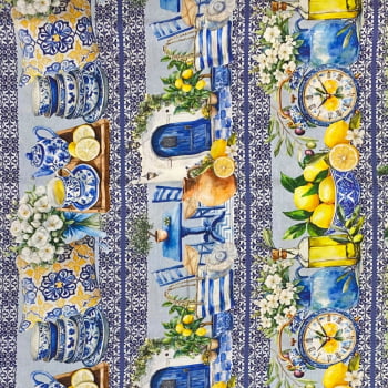 Tecido Tricoline Barrado Digital Azulejo Português e Limão Siciliano em Ambientes