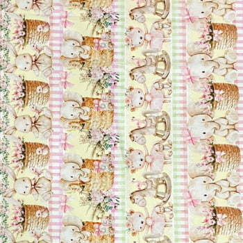 Tecido Tricoline Barrado Digital Bichinhos de Pelúcia Rosa Amarelo