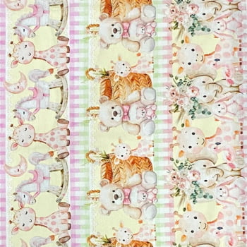 Tecido Tricoline Barrado Digital Bichinhos de Pelúcia Rosa Amarelo