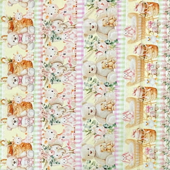 Tecido Tricoline Barrado Digital Bichinhos de Pelúcia Rosa Amarelo