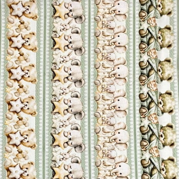 Tecido Tricoline Barrado Digital Bichinhos e Pets Verde Bege