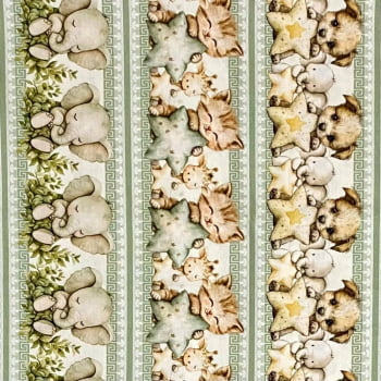 Tecido Tricoline Barrado Digital Bichinhos e Pets Verde Bege