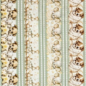 Tecido Tricoline Barrado Digital Bichinhos e Pets Verde Bege