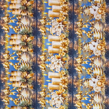 Tecido Tricoline Barrado Digital Bolas de Natal Velas e Decorações Azul Dourado