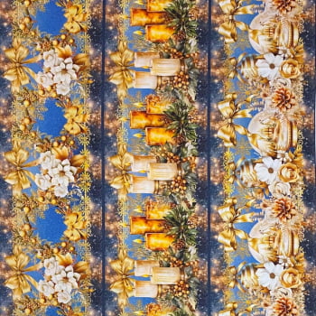 Tecido Tricoline Barrado Digital Bolas de Natal Velas e Decorações Azul Dourado