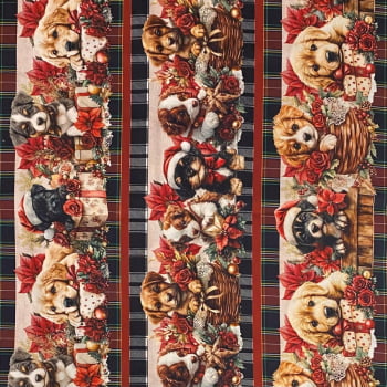 Tecido Tricoline Barrado Digital Cachorro Cachorrinhos de Natal
